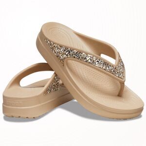Crocs Sloane Gold‎ Glitter Flip Flops Size 9 Tan